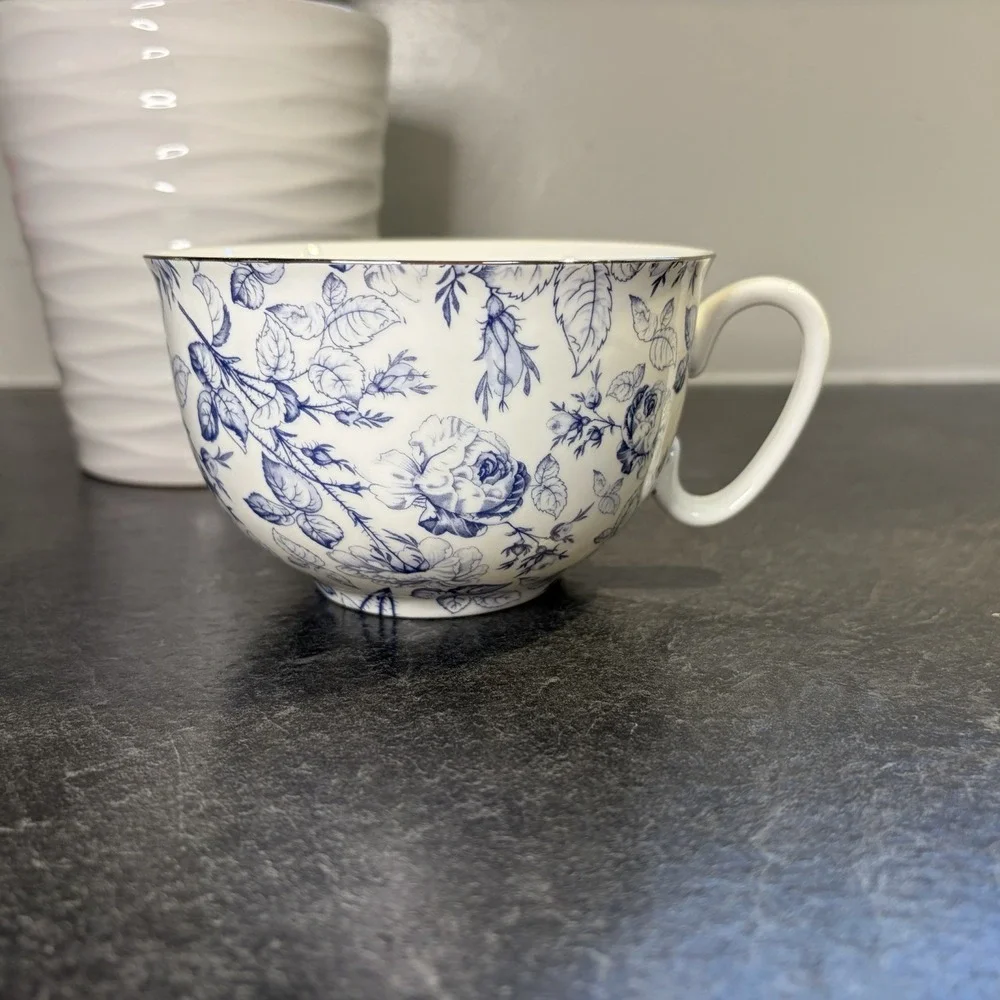 Grace Teaware Blue Rose Toile Fine Porcelain Oversized 16oz Tea Cup & Saucer EUC
